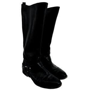 Chloé Pebbled Leather Riding Boots Harness Strap Pull On Western Black 7